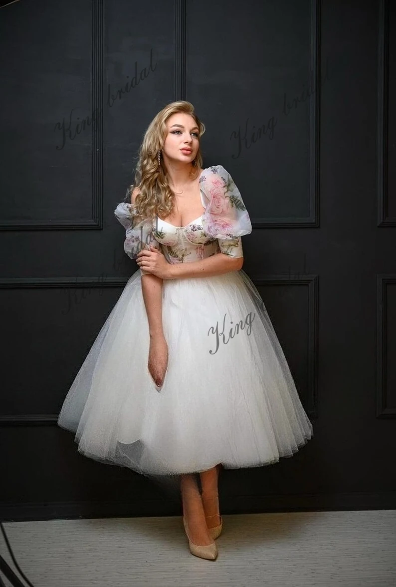 Elopement Teelange Brautkleider für den Empfang, kurzes Korsett-Hochzeitskleid mit Glockenärmeln, Midikleid, schlichtes kurzes Hochzeitskleid