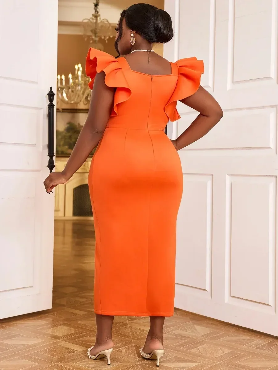 Women Orange Peal Chain Bodycon Long Dress Square Collar Short Ruffle Sleeve High Split Fashion Prom Birthday Event Gowns