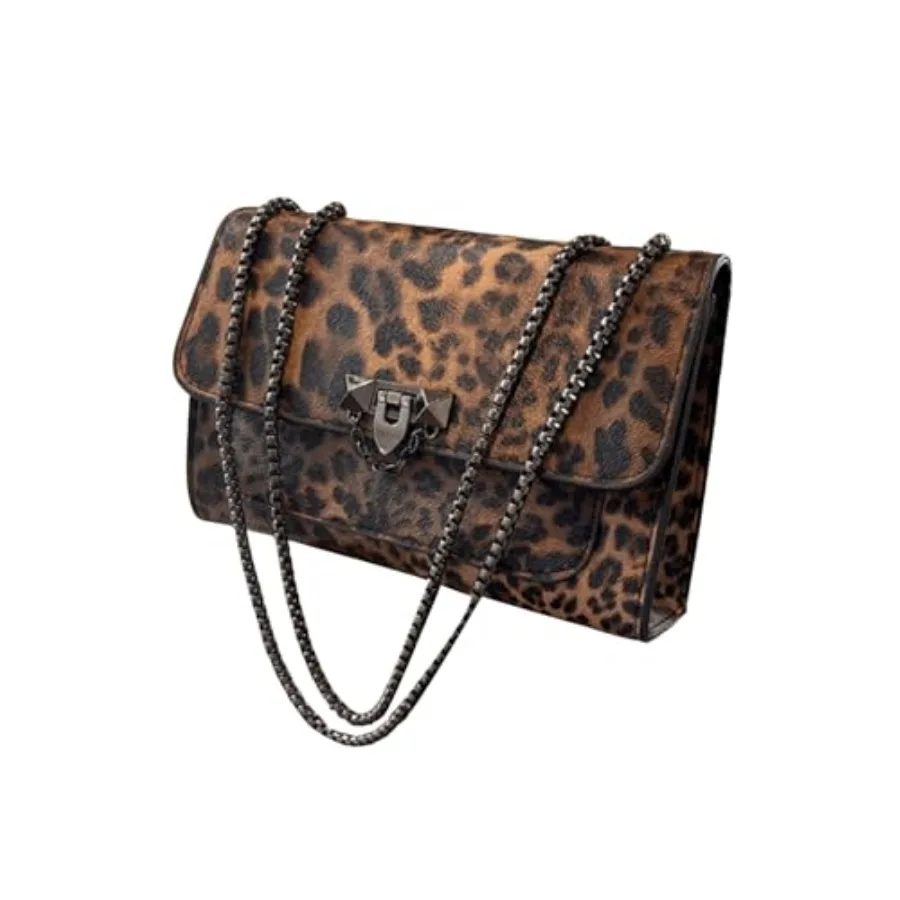 

RoseSeek Women's Leopard Print Chain Shoulder Bag Metal Buckle Handbags Leather Clutch Purse