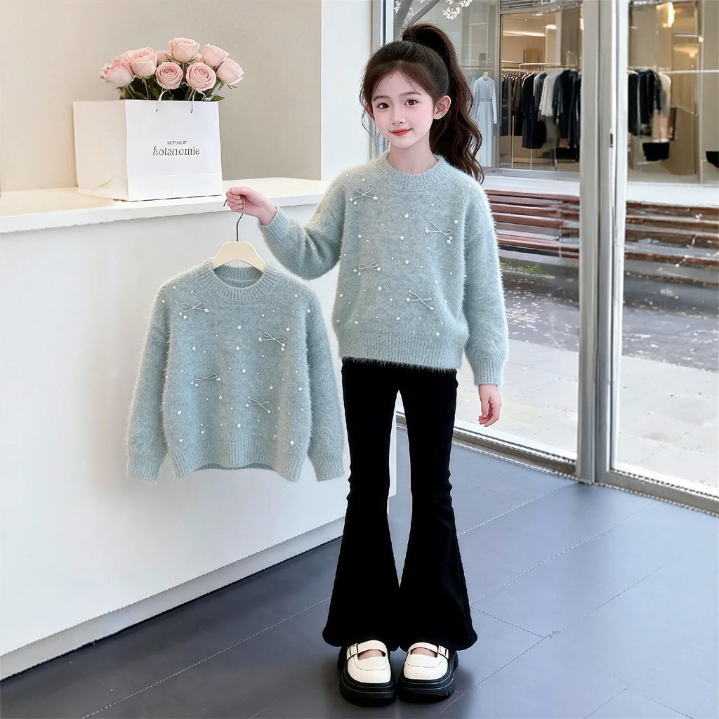 Princess Knit Sweater for Girls Autumn Winter Pearl Detail Christmas Bow Design Kids Sweater 4-11 Years Old Teenagers Clothing