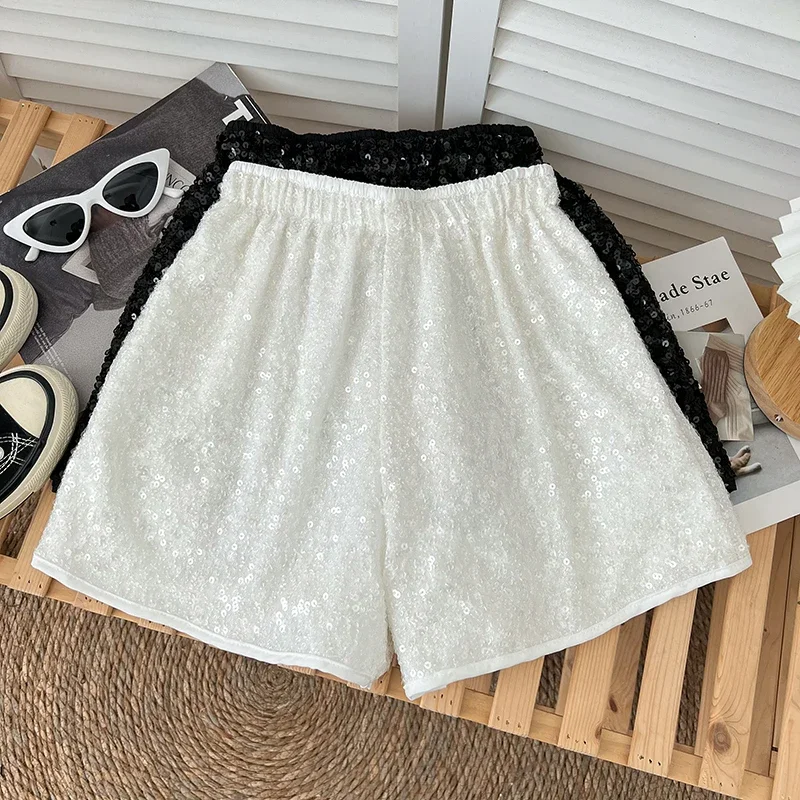 Women Shiny Sequin Elastic Waist Thin A line Wide Leg Pants Shorts 2023 Summer New Casual Chic Fashion Versatile Pants