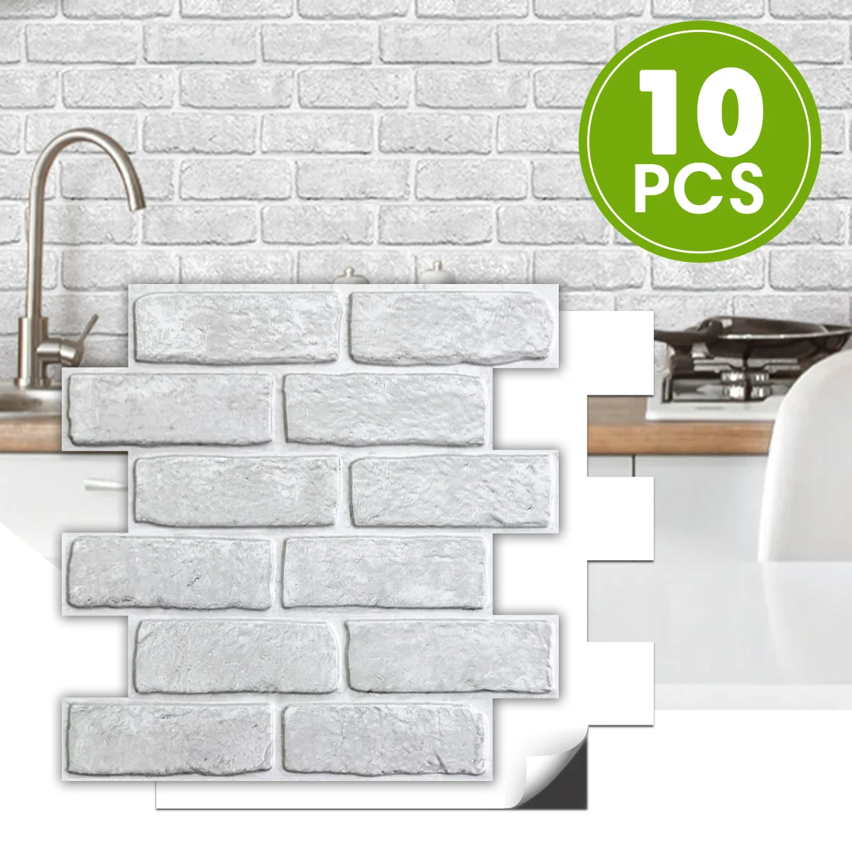 Commomy 10 paneles de pared 3D pelar y pegar, pegatinas de pared de ladrillo 3D, azulejo adhesivo contra salpicaduras cocina, decoración de baño