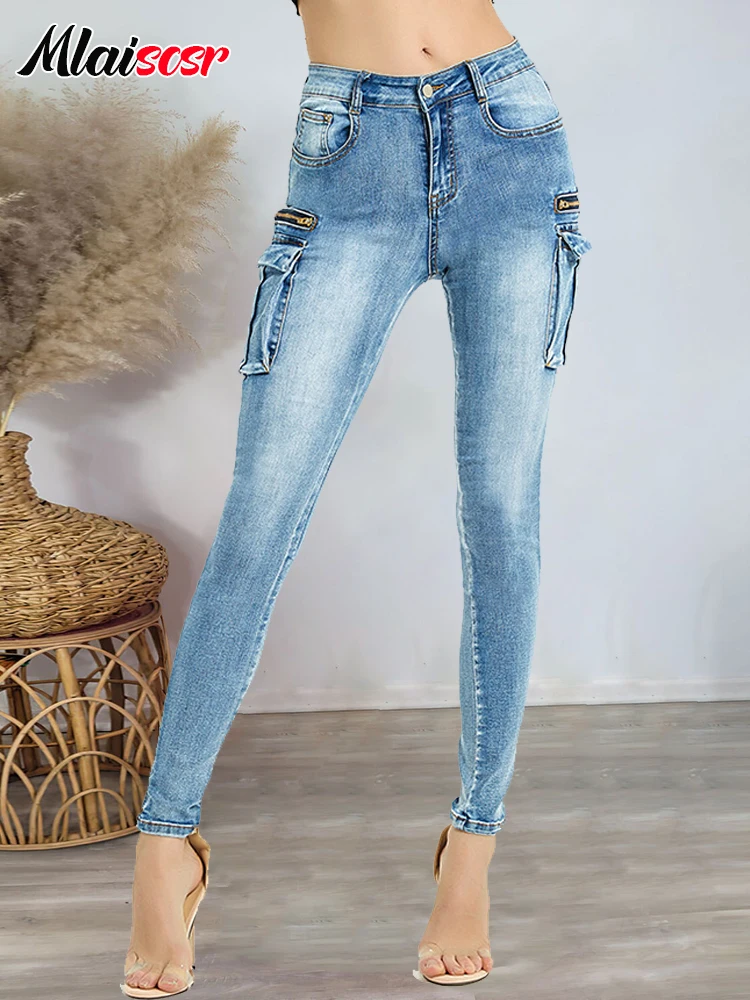 

Mlaiscsr Blue Pencil Pants Women Mid-waist Pocket Skinny Jeans Street Stretch Denim Trousers Birthday Boyfriend Streetwear New