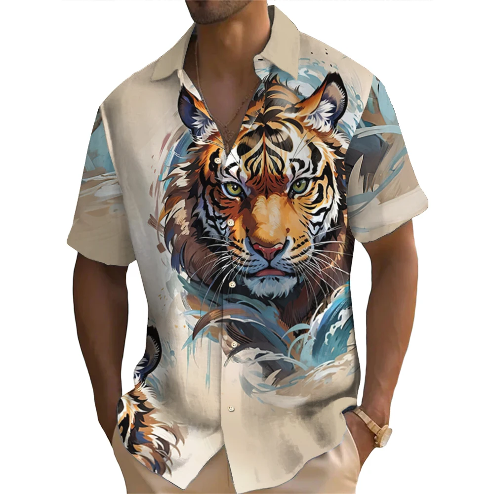 3d Tiger Print Men\'s Shirts Retro Casual Hawaiian Shirts For Mens Short Sleeved Fashion Male Clothing Oversized Shirt Tops 2024