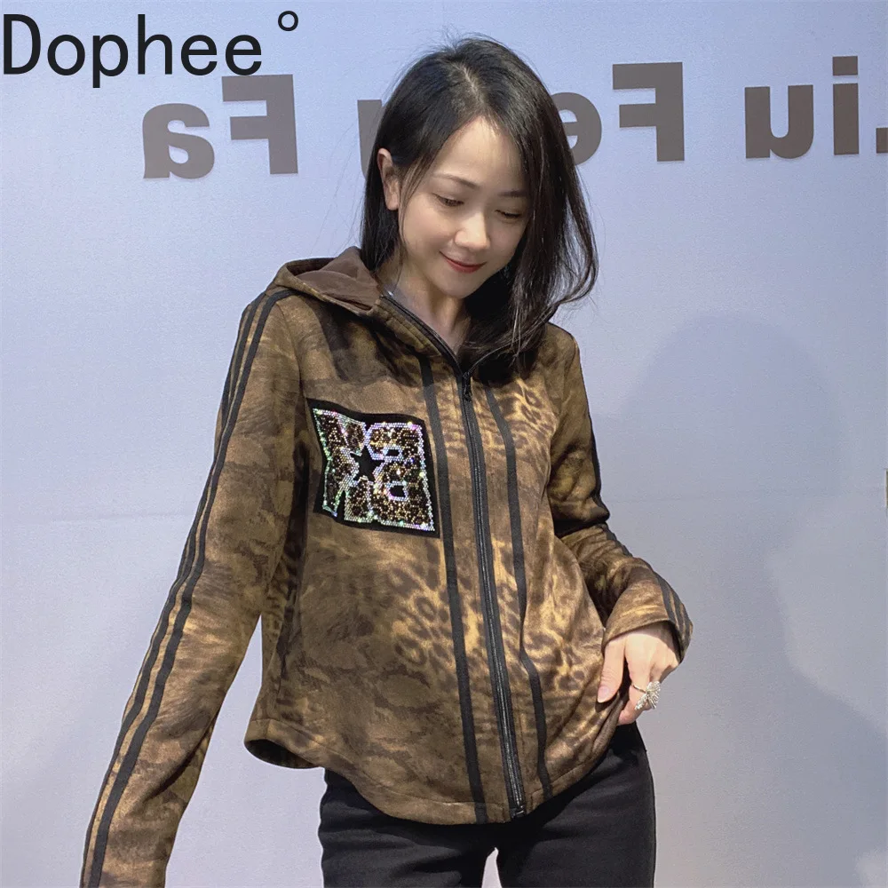 

Новинка 2023 года, осенняя мода, короткие кардиганы, топ с блестящими бриллиантами, куртка с капюшоном, элегантная толстовка с длинными рукавами и леопардовым принтом на молнии, пальто