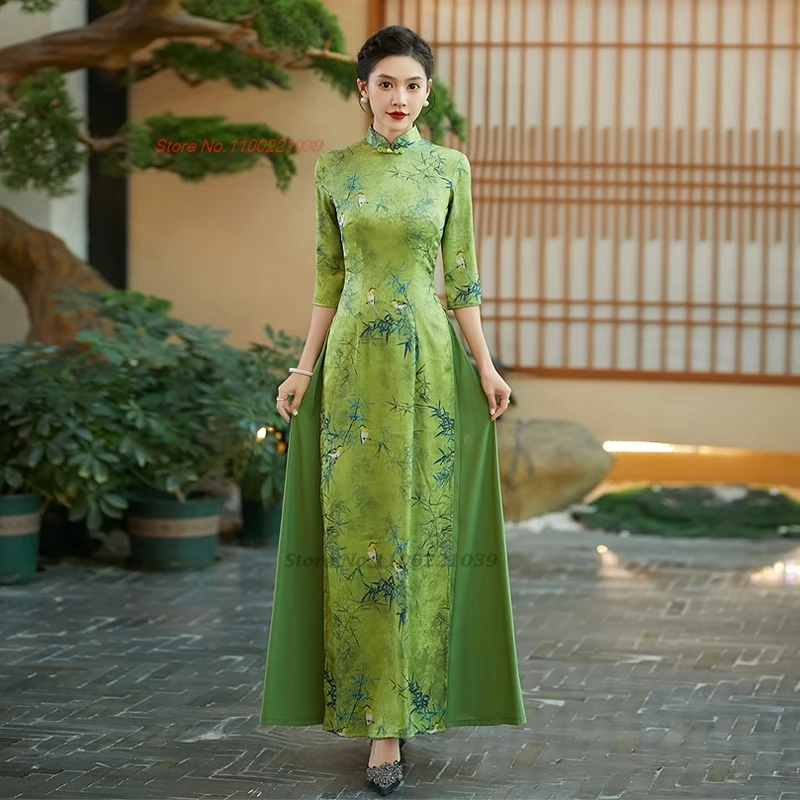 

2024 vietnam aodai dress improved cheongsam vietnam traditional dress national flower print qipao dress banquet evening dress