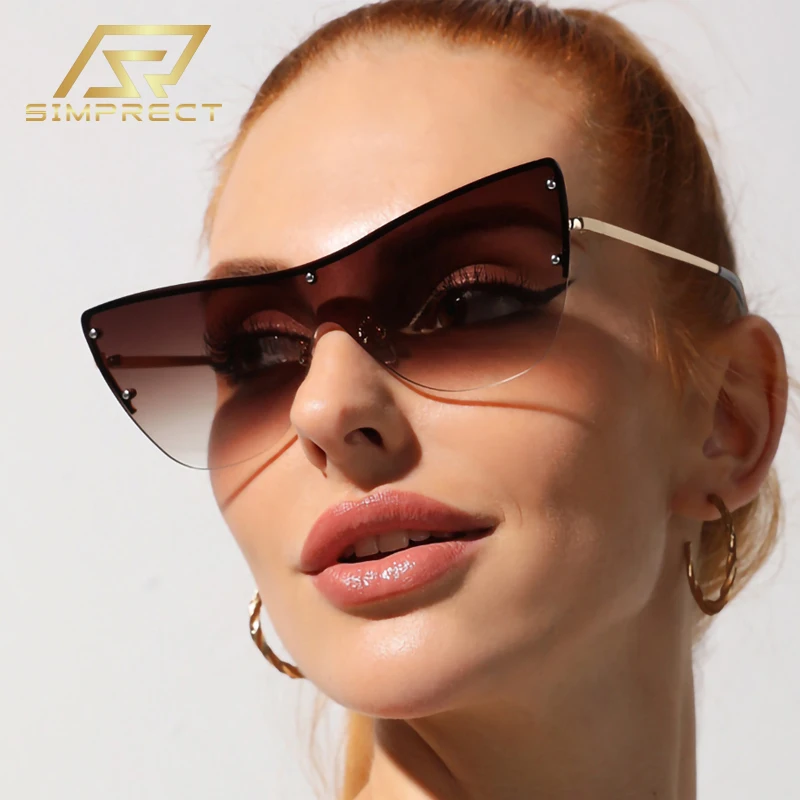 

SIMPRECT Rimless Cat Eye Sunglasses Women 2023 Luxury Brand Designer Quality Sun Glasses Fashion Vintage Retro Shades For Women