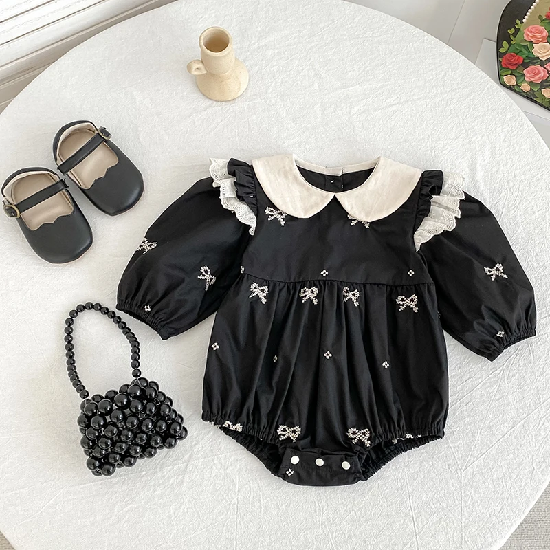 가을 0-24개월 아기 소녀 신상 의류 신생아 긴 소매 바디수트 리본 코튼 자수 유아 아기 소녀 점프수트
