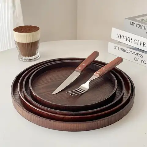 Vintage Round Serving Tray Wooden 21/24/27/30/33cm Decorative Tray Food Bread Pan Coffee Home Table
