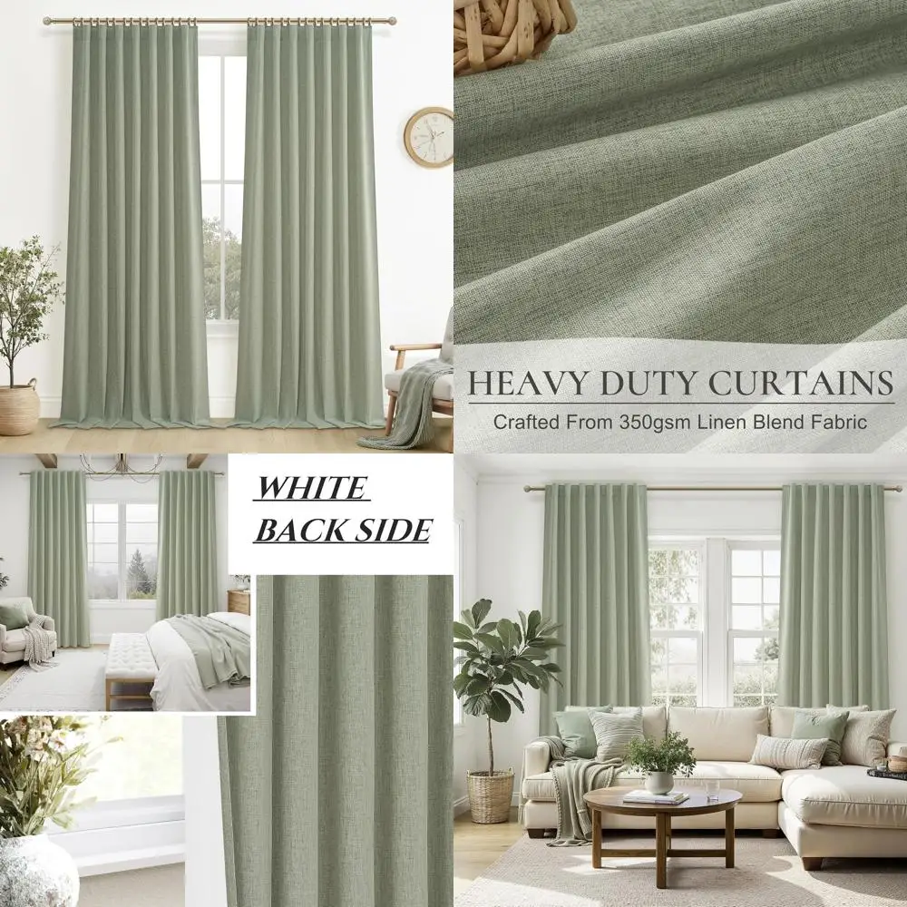 

Плиссированные льняные шторы, 108 дюймов в длину, шалфейно-зеленые, с креплением на петлях, термоизолирующие, в стиле бохо, 2 панели (50 дюймов x 2)