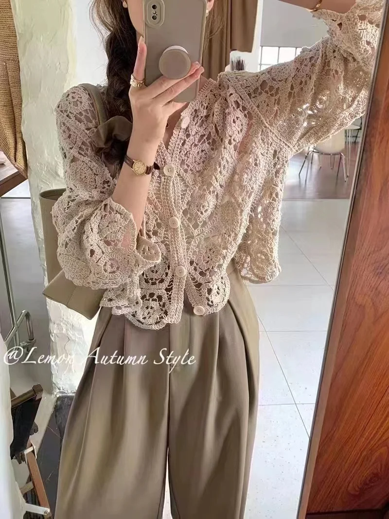 レトロフックフラワー中空アウトトップスファッション長袖刺繍カーディガンシャツ甘い女性ブラウス