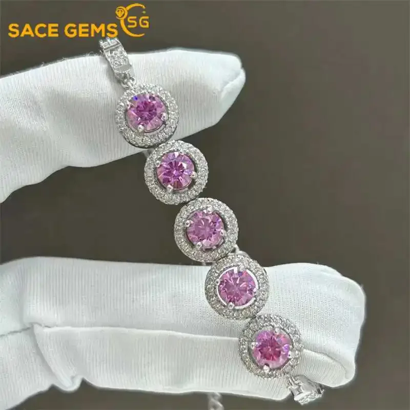 

SACE GEMS GRA Certified D VVS1 Pink Moissanite Bracelet for Women Trendy Party Jewelry 925 Sterling Silver Plated White Gold