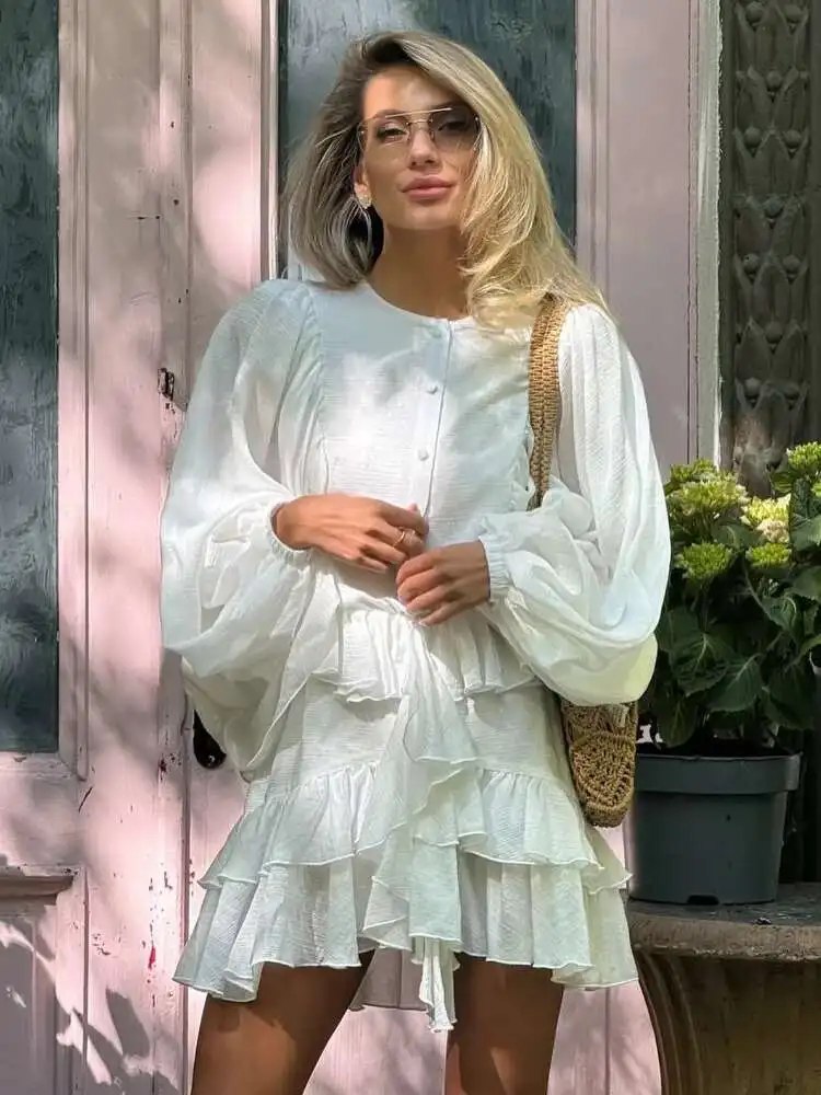 Irregular babados borda botões lanterna manga vestido feminino chique plissado chiffon o pescoço mini vestidos senhora high street vestidos lla8