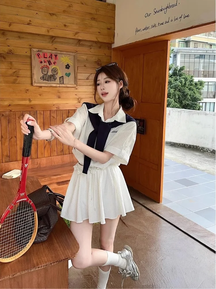 

Korean College Sle Women's Faion Set ort Sve Collar irt with awl Skirt Autumn New Arrival Casual Wear