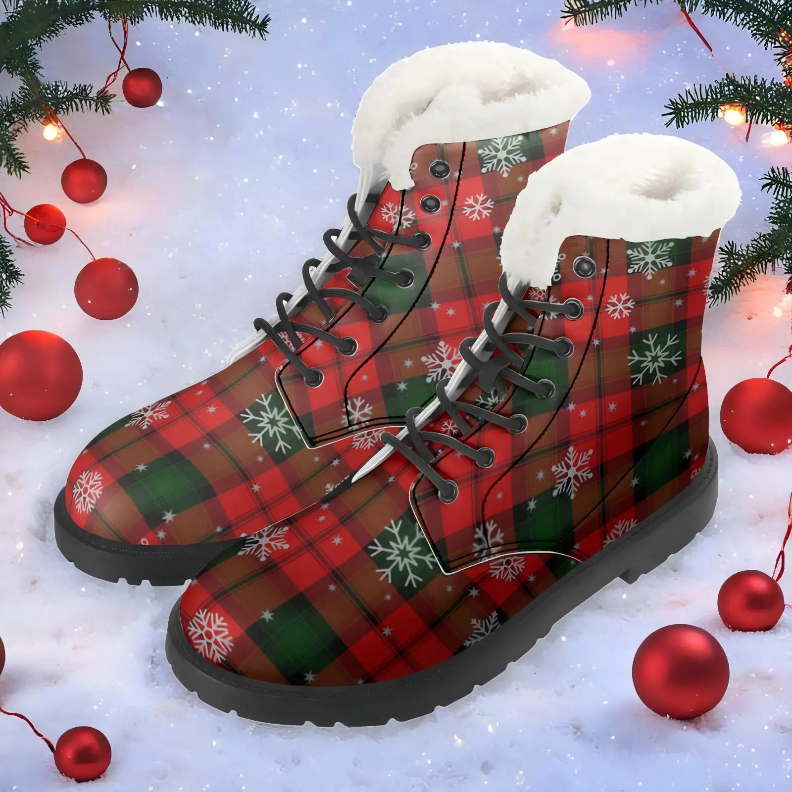 

Christmas red plaid Print Plush Boots Casual Boots Mid-calf Boots Fashionable Classic Versatile Autumn and Winter Boots