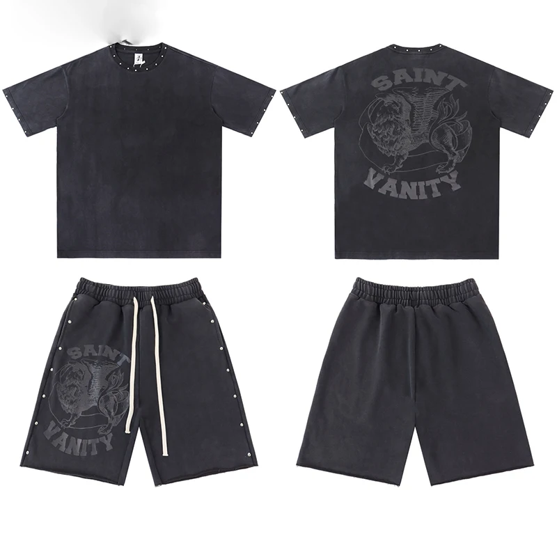 2026SS Fashion New SAINT Washed Black Studded T-Shirt Men Streetwear Lion Print Short Sleeve Casual Tee Quick Delivery