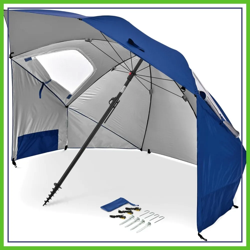 

UPF 50+ Beach Umbrella Shelter with Side Panels, Tilt Mechanism, Heavy-Duty 1.25 Inch Pole, Auger Anchor for Sand and Grass