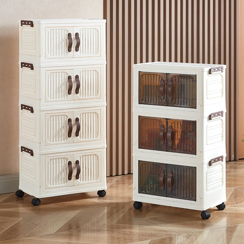 Plastic Dustproof Storage Cabinet for Living Room Multi-Tier Shelving Unit Portable Folding Storage Box with Casters for