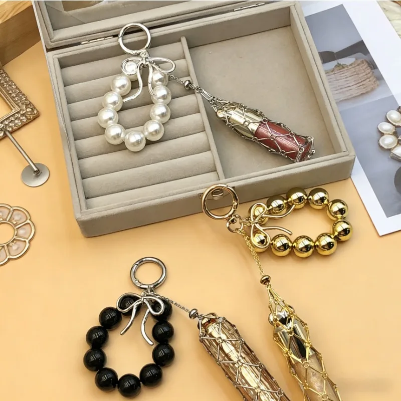10PCS Trendy Large Bow Bead Fashion Simple Stainless Steel Material Lipstick Mesh Bag Pendant Keychain