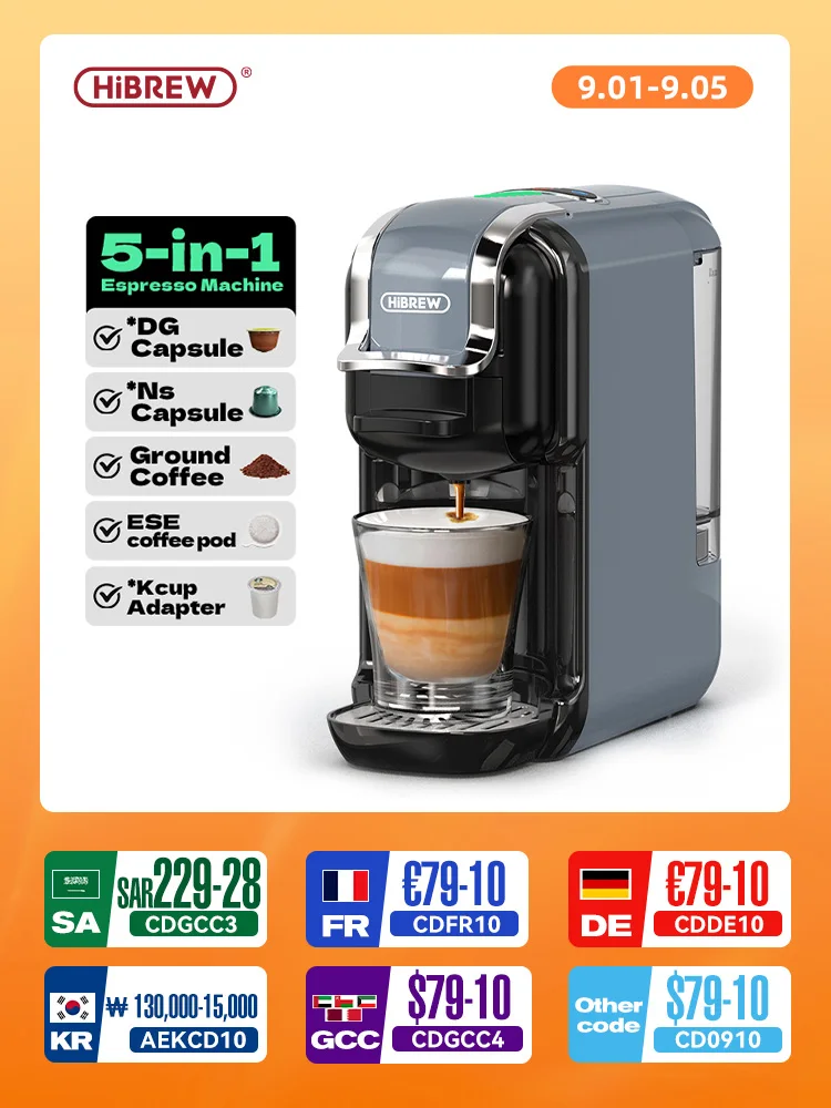 ماكينة صنع القهوة HiBREW 5 في 1 متعددة الكبسولات الساخنة/الباردة DG كابتشينو نس كبسولة ESE Pod قهوة مطحونة كافتيريا 20Bar H2B رمادي
