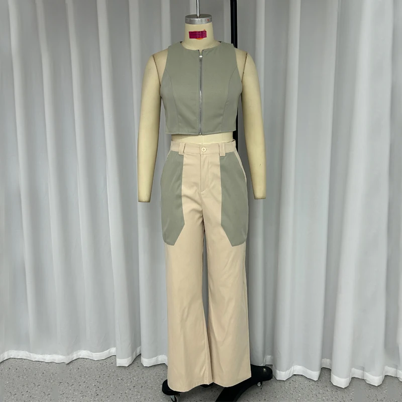 Damski zestaw dwuczęściowy modny biurowy bez rękawów bez pleców Color Block Top luźny z spodnie z kieszeniami zestawem Streetwear