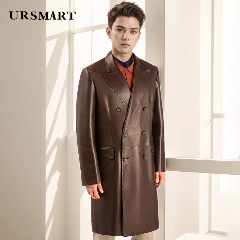 High quality men's long genuine leather trench coat with double breasted British fashion custom sheepskin jacket coat for men