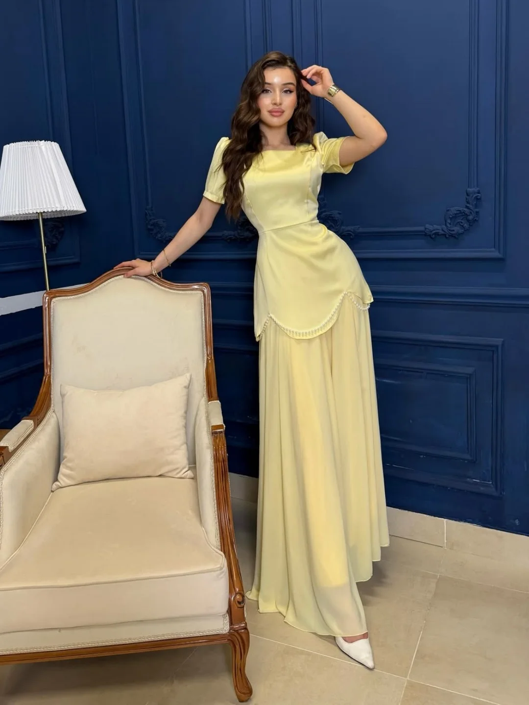 

Выпускные платья с короткими рукавами по индивидуальному заказу, квадратный вырез, плиссированный жемчуг, длиной до пола, вечерние платья, вечерние платья