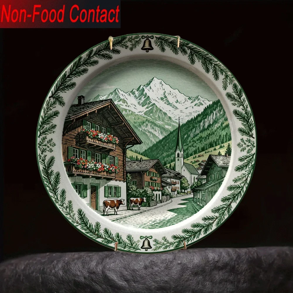 2D Flat, 1pc Alpine Landscape Ceramic Decorative Plate - Non-Food Contact, Classic Round Wall Art with Snowy Mountain &