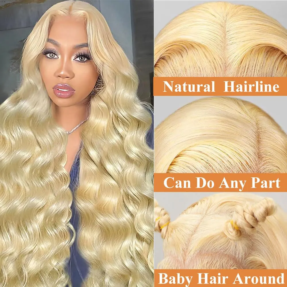 250%密度 613 #   ブロンドロングボディウェーブレースフロントウィッグ 13x6 HD透明レースウィッグ ベビーヘア付き 女性用 プリプラッキング済み