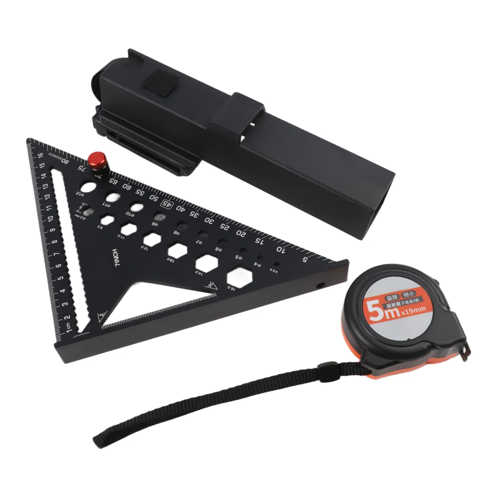 Measuring Tool Kit with 5 Meter Steel Tape and 7 Inch Aluminum Triangle Ruler with Plastic Belt Clip for Jobsite Efficiency
