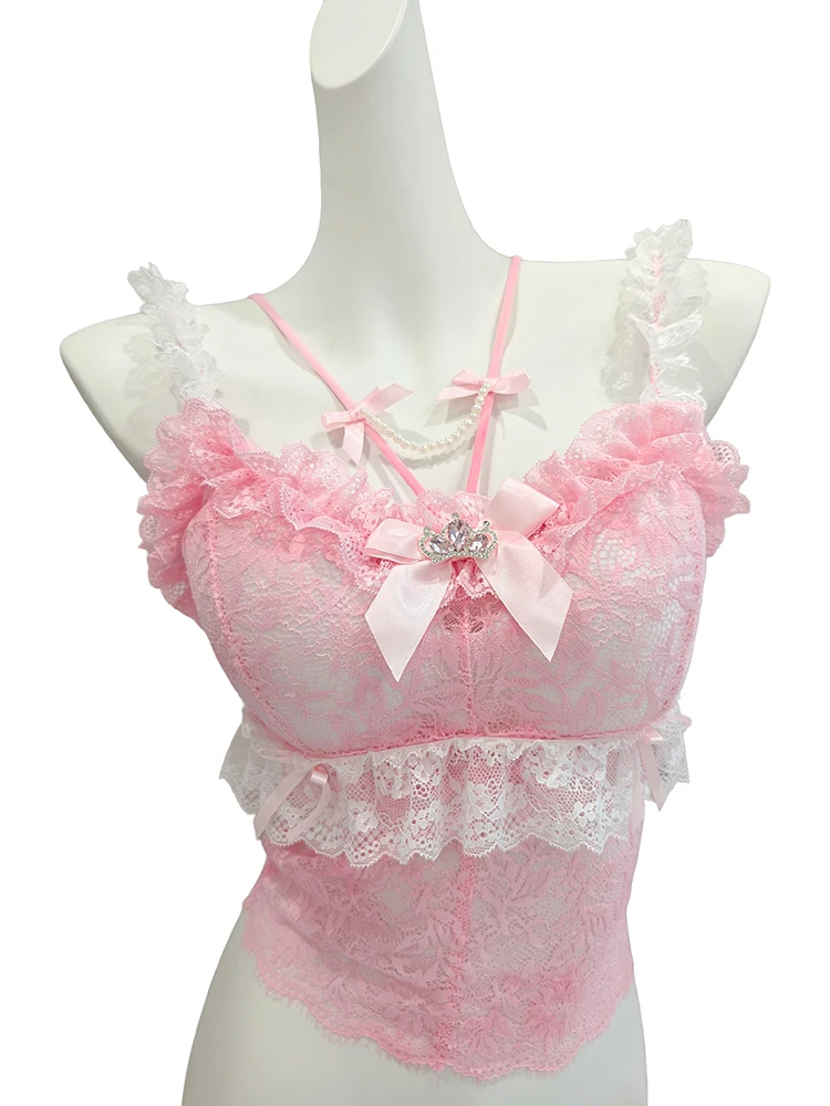 

Pink Lace Crop Tops Women Summer Lolita Style Cropped Bows Beads Decoration Cute Camis for Sweet Girls