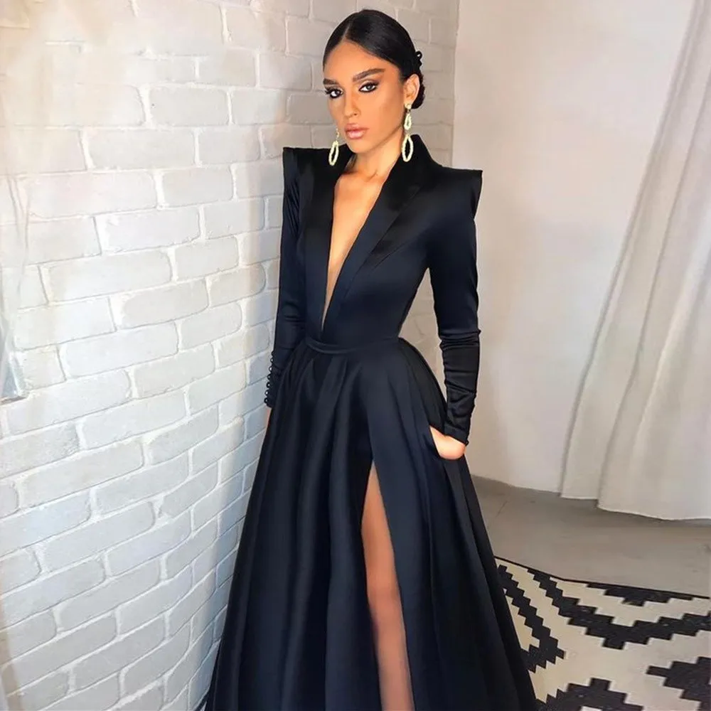 2023 Side Split V-neck Long Sleeves Formal Prom Dress Arabic Dubai Party Gowns Simple Black Long Evening Dresses