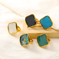 Exaggerate Oversize Real Natural Abalone Shell Rings for Women Stainless Steel Gold Plated Opal Finger Ring Punk Jewelry Gifts