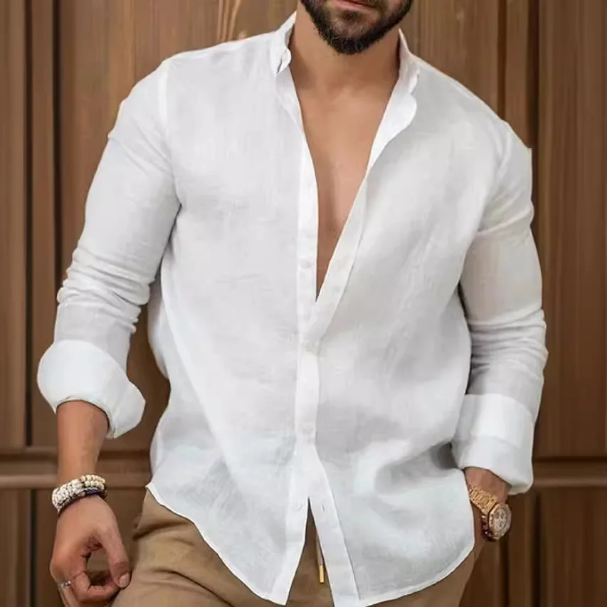 

2025 Cotton and Linen Solid Color Men's Shirt Youth Casual Europe and The United States