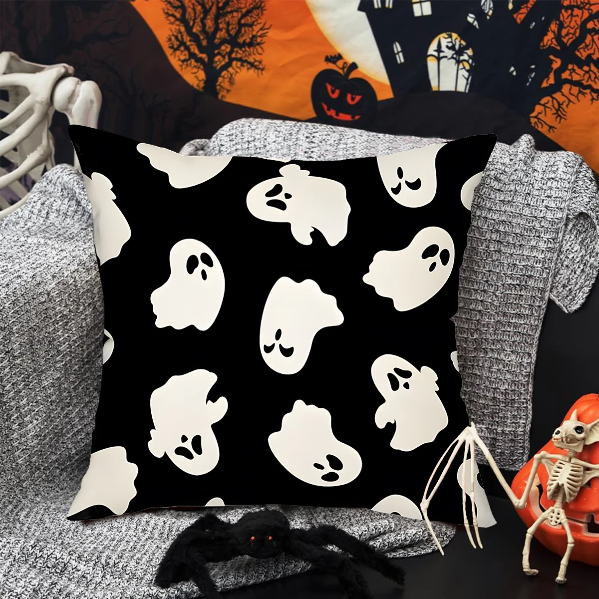 Halloween Linen Cushion Cover Trick or Treat Theme Pillowcase Cartoon Pumpkin Ghost Pillow Cover Halloween Party Decoration 2024