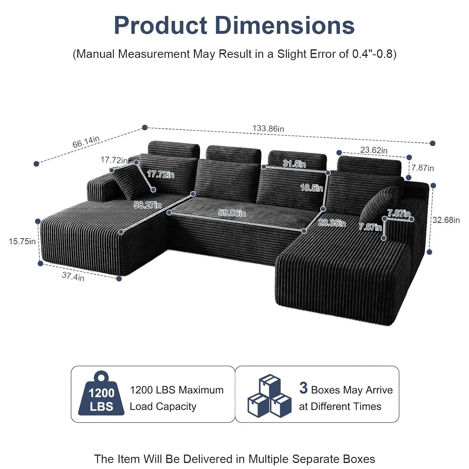 Modular Boneless Sofa U Shaped Set with Chaise Deep Seat Living Room Free Combination No Assembly, Customized