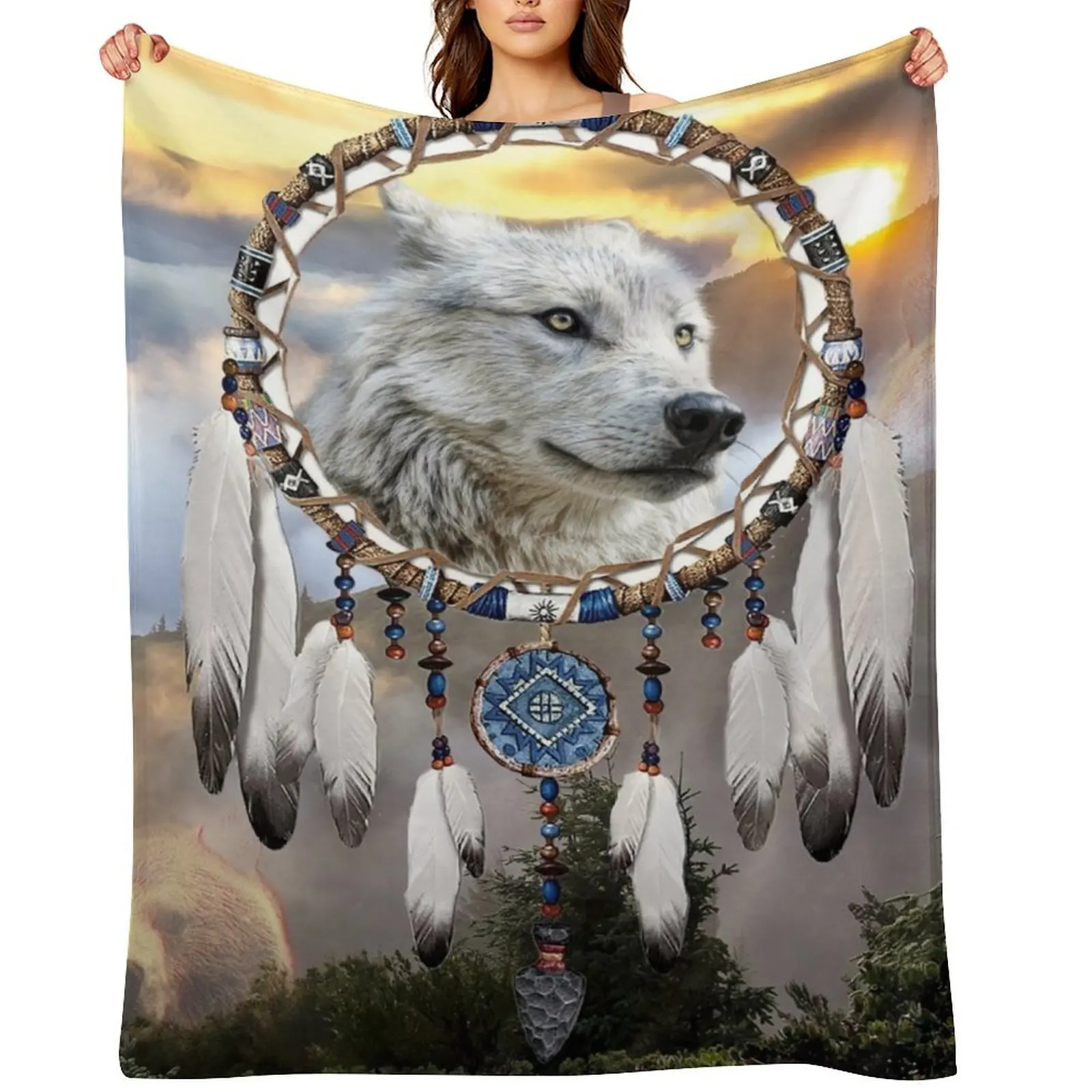 

Wolf, Bear and Dream Catcher Throw Blanket Blankets Sofas Of Decoration Soft Plaid Custom Furrys Blankets