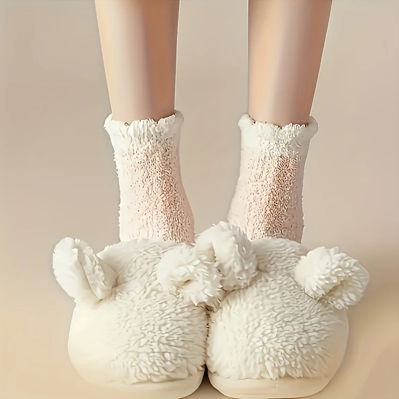 3 Paar Damen-Socken aus dickem Fleece-Korallenfleece für Herbst und Winter, farbblockiert, vielseitig, weich und bequem, warme Zwischensohle – Detail 5