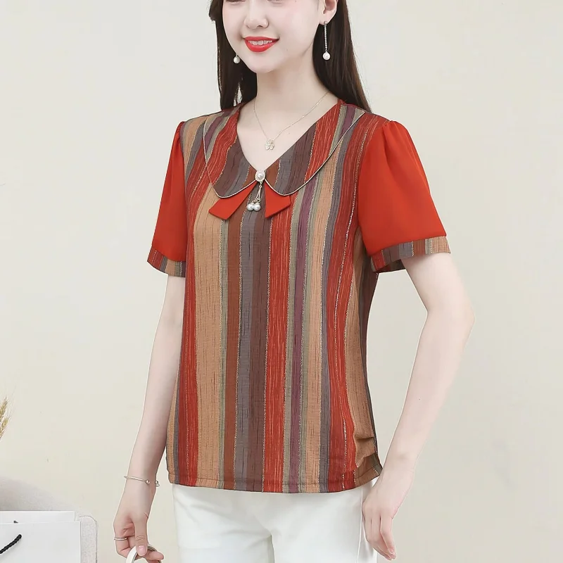 Doll Neck New Middle-aged Women Summer Short Sleeve T-shirt Embroiled Striped Fashion Vintage Casual Temperament Thin Tops 5XL