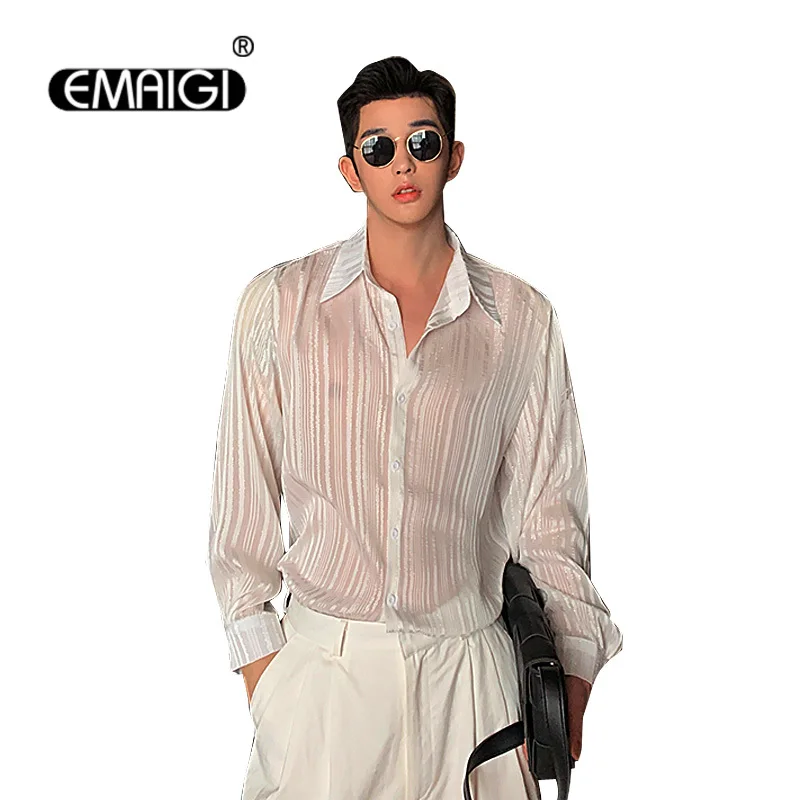 Men Translucent Stripes Casual Loose Long Sleeve Mesh Dress Shirt Male Vintage Fashion White Shirts Stage Clothing