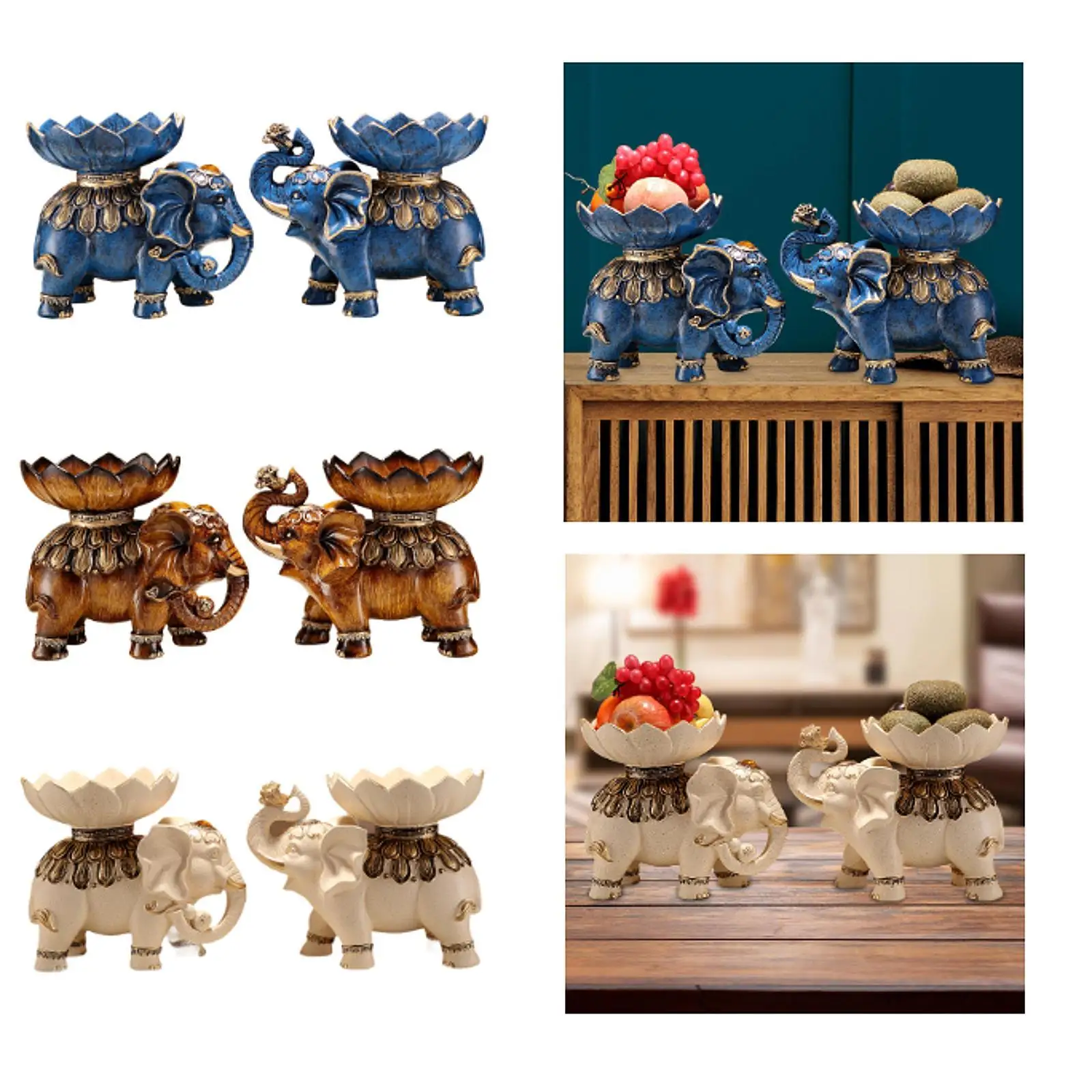 

1 Pair Elephant Statues Jewelry Trinket Dish Traditional Elements Fengshui Ornament Resin Sculpture for Wedding Party Versatile