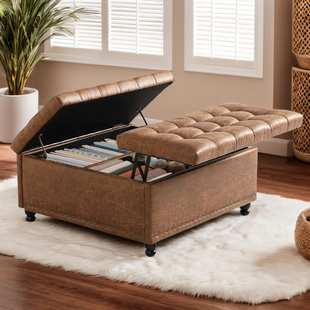 Square Tufted Ottoman With Storage - 35.5" Large Lift-Top S…