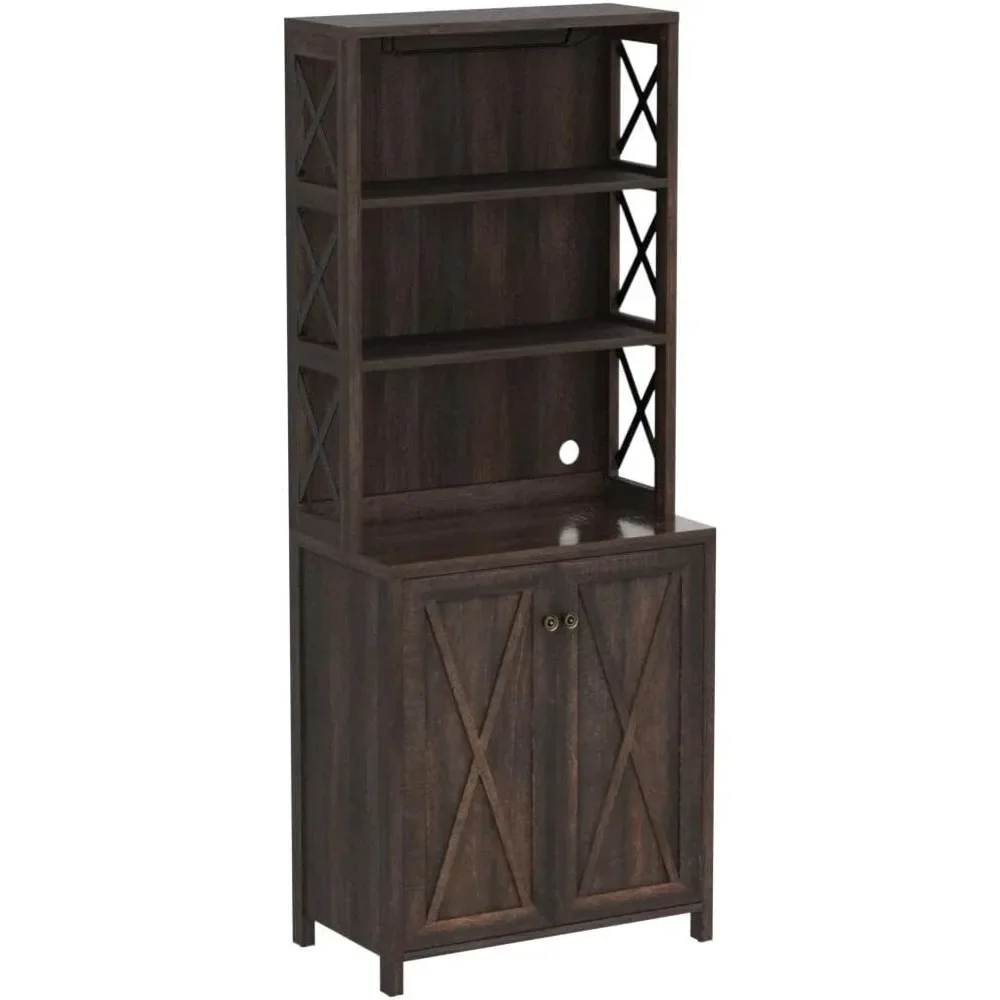 Bar Cabinet For Liquor And Glasses, Dining Room Kitchen Cabinet With Wine Rack, Tall Cabinet Open Storage Shelves