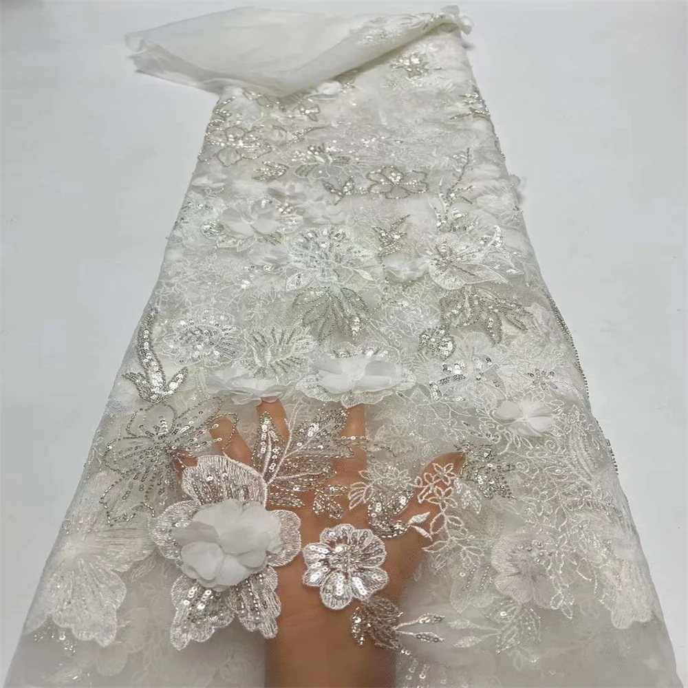 Luxury 3D Lace Fabric 5 Yards 2024 High Quality Tulle Lace Fabric Embroidered Applique African Nigeria Fabric For Wedding Dress