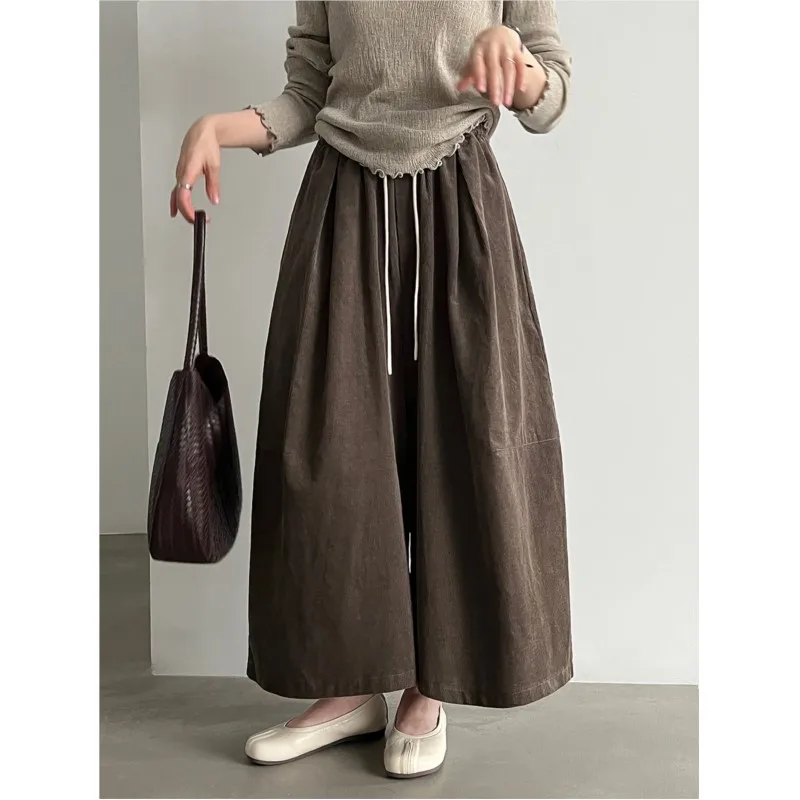 Johnature Casual Corduroy High-Waist Straight-Leg Cropped Pants For Women Autumn New Elastic Waist Loose Wide-Leg Pants