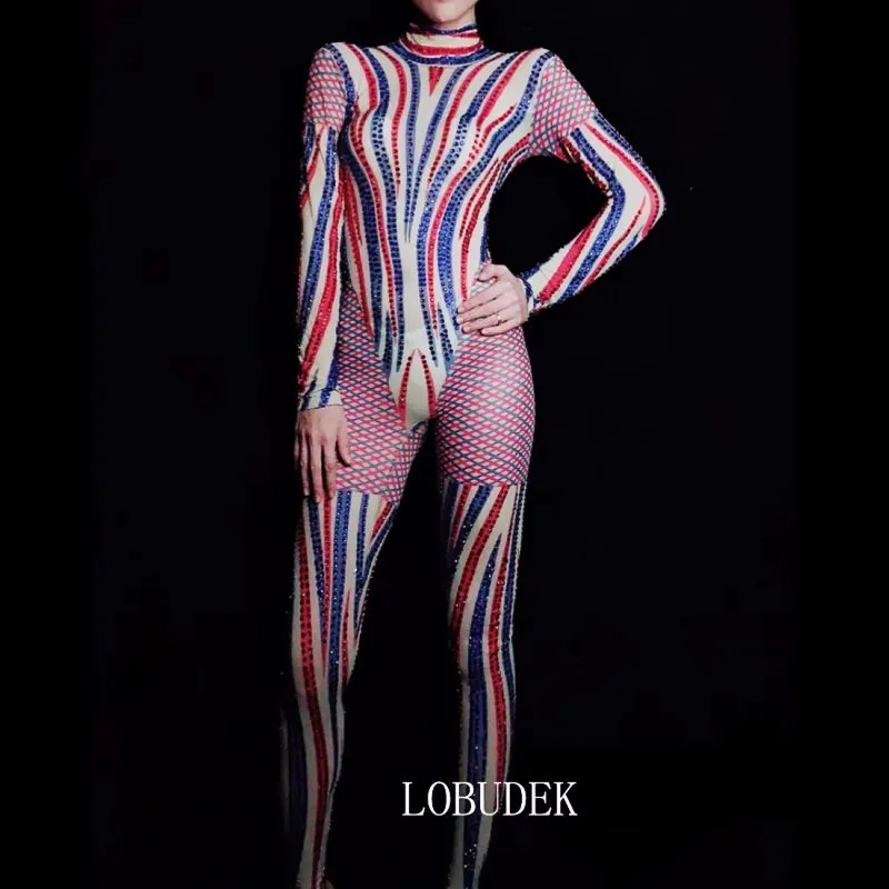 Sparkly Rhinestones Mesh Elastic Tight Jumpsuit Women Birthday Party Nightclub Sexy Stage Wear Singer Stage Performance Costume