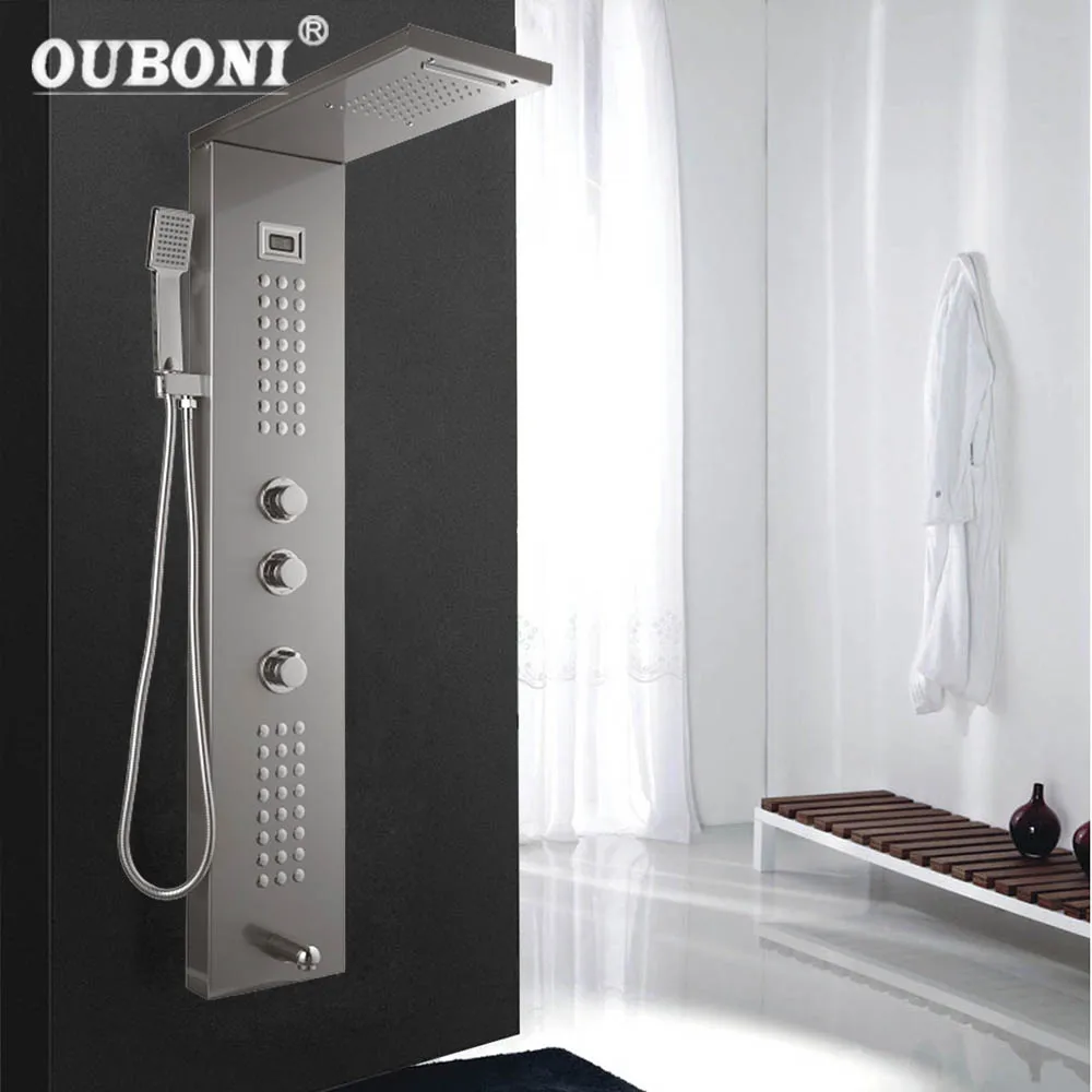 OUBONI-columna de ducha cepillada de níquel, chorro de masaje de SPA de alta gama, Panel de ducha de baño, pantalla LED, Kit de grifo de ducha de acero inoxidable