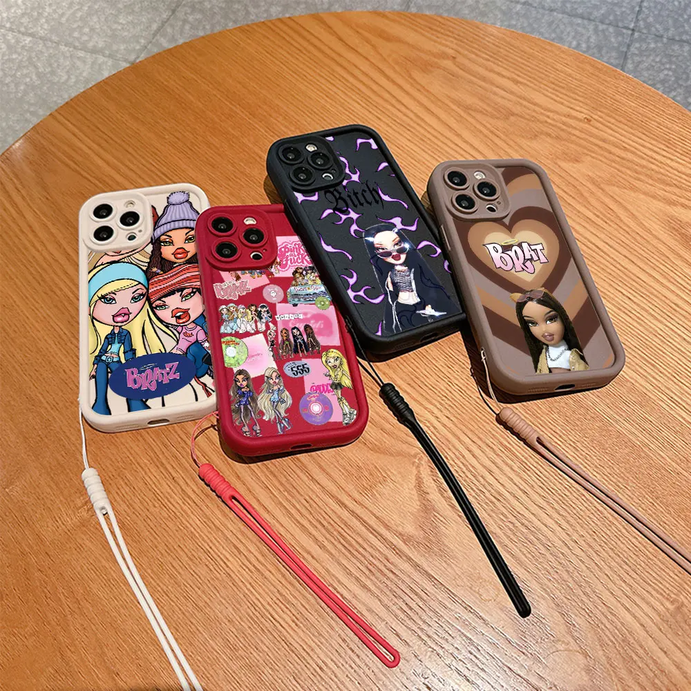 女の子用ハンドストラップ付きのかわいい電話ケース,ソフトtpuバックカバー,bratz人形,iphone 15, 14, 13, 12, 11 pro max,mini,xr,xs,x,7 8プラス