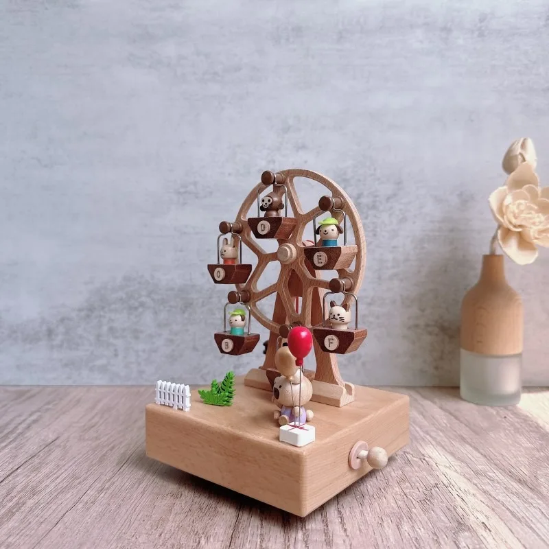 Animal Bear Ferris Wheel Music Box Mechanical Clockwork Rotation Wooden Music Box Boys Girls Children's Birthday Gifts Creative