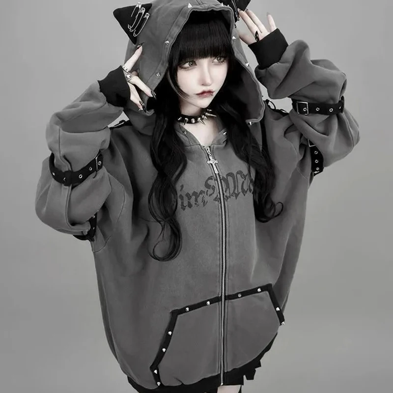 

Темная готическая толстовка с капюшоном, женская осень-зима Harajuku Y2K, уличное повседневное пальто, свободная куртка в стиле панк с цепочкой для ленивого хип-хопа